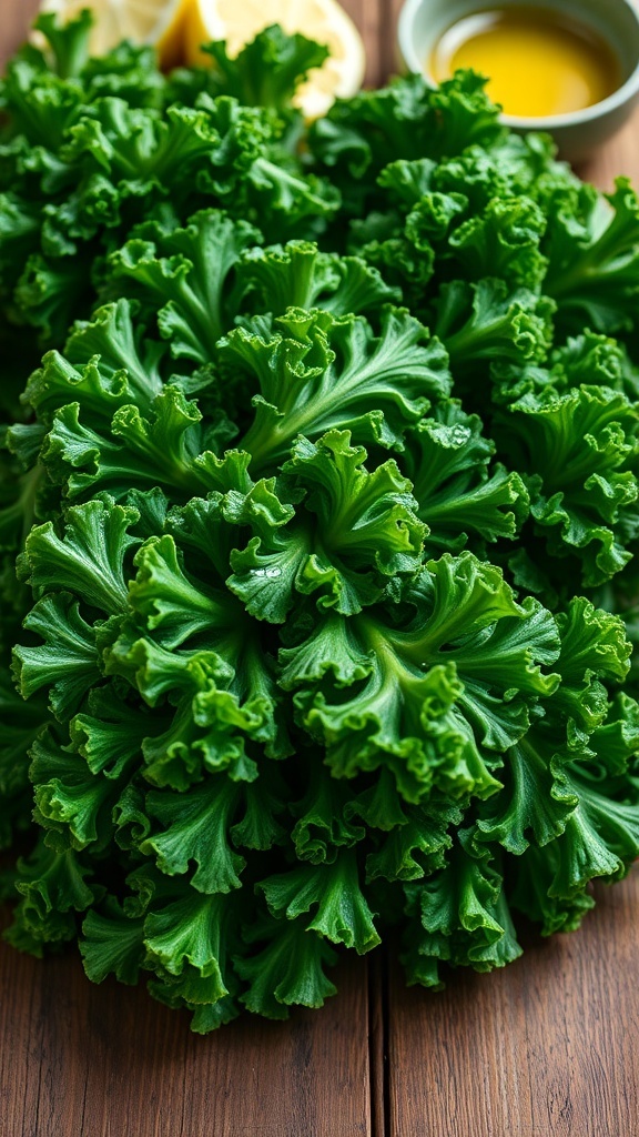 Fresh kale leaves on a wooden table with lemon slices and olive oil.